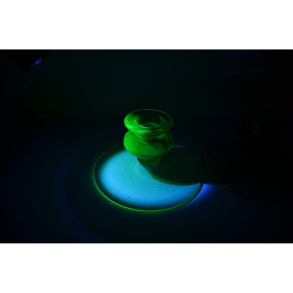 Vtg Pair Uranium Glass Candlestick Holders Green Depression Glass - Picture 7 of 11